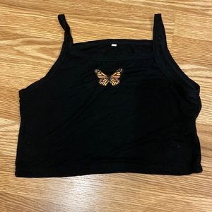 Black cropped tank top with butterfly design